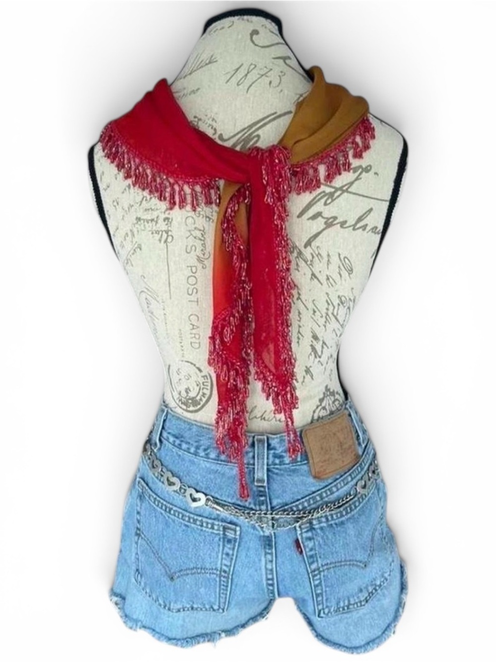 Beaded Fringe Ombre Triangle Shawl Scarf • Sunset Red Gold Boho Western - Picture 3 of 4